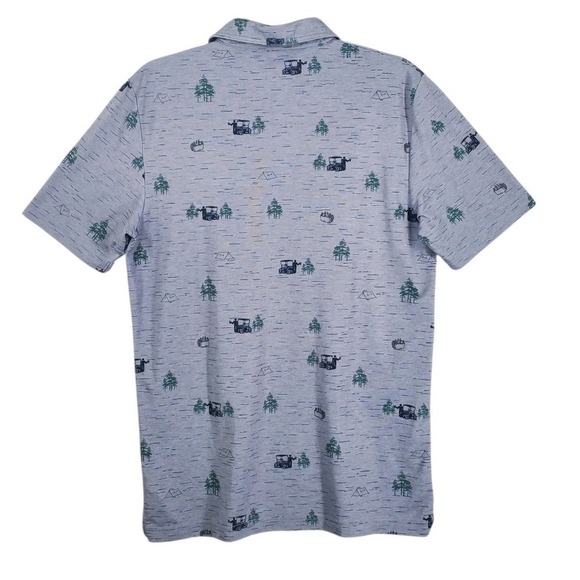 Travis Mathew Outfresh Polo Shirt Mens M Golfcart Beer Tent Pines AOP SS - Picture 2 of 9